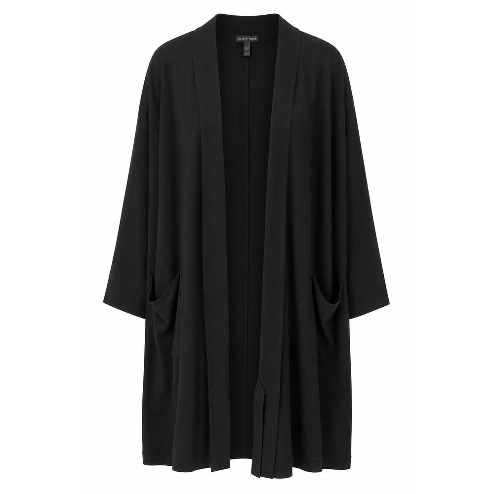 Eileen Fisher Silk Georgette Crepe Long Kimono Jacket Duster Black Pockets XS